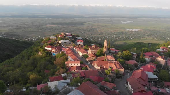 Aerial view of beautiful city of love Sighnaghi. Georgia 2019 spring