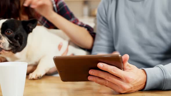 Mid section of couple using digital tablet while playing with pug dog 4k