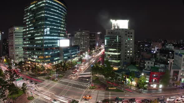 Timelapse of Traffic on Night Busy Seoul Streets, South Korea