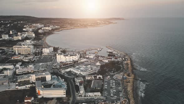 Aerial Sunset Cityscape Resort Sea Coastline Town in Pink Sunset