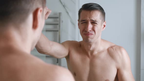 Sad Lonely Man Looks Himself Despair Bathroom Mirror