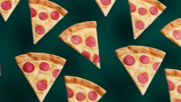 Seamless looping animation of pizza slices. Delicious fast food snacks in rows.