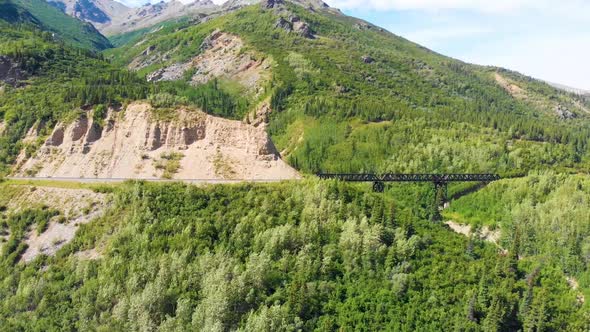 4K Drone Video of Trail Trestle bridge along Chulitna River near Denali National Park and Preserve,