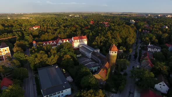 Top view of the Water Tower of Svetlogorsk in sunset