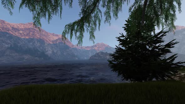 Fir Mountains Sunset And Ocean alt