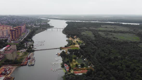 a Large River on the Background of the City is an Aerial View