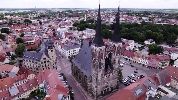 Aerial view of front of the St. Jacob church in Köthen in Germany