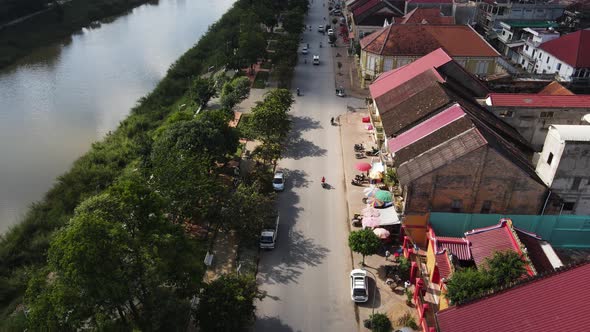 Aerial view of Battambang French district along the river, Cambodia.