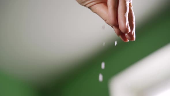 Hands Spreading Salt. Woman Sprinkles Salt on Food