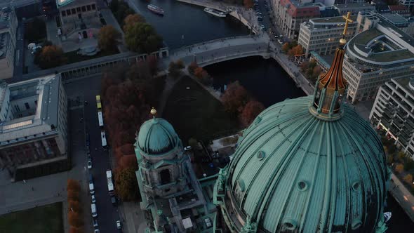 Flight Over Large Green Dome of Berlin Cathedral