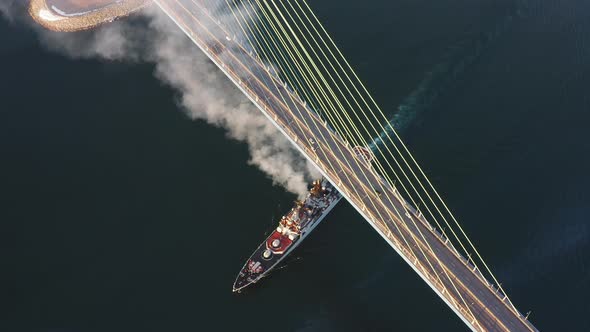 Russian Large Antisubmarine Ship Passes Under the Span of the Russian Bridge