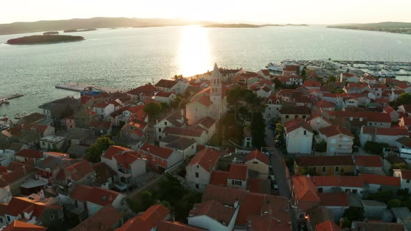 Aerial View of Old Town of Biograd Na Moru in Croatia at Sunset