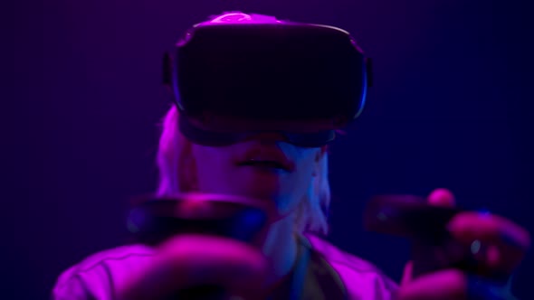 VR Headset Man Playing 3D Videogame Closeup