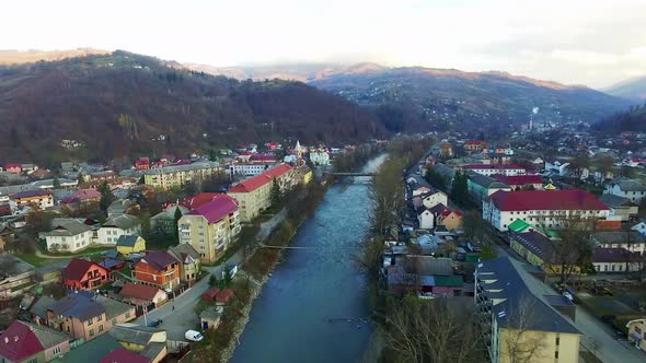 Flight Over Rakhiv Town And River Tisa In Ukraine