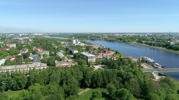 Panoramic aerial view of Veliky Novgorod, the red brick Kremlin