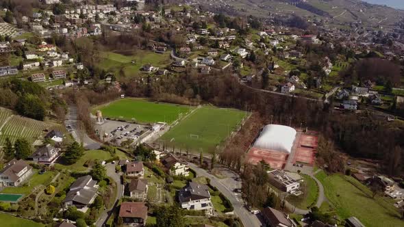 View of sport facilities in Pully, Vaud, Switzerland. aerial drone shot