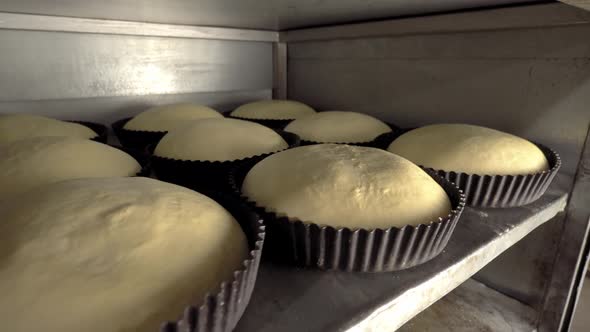 Jars for loaves of raw bread in bakery