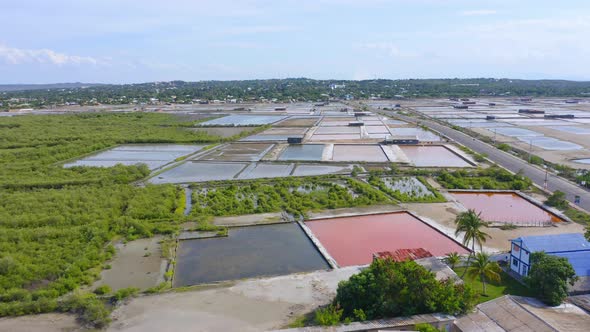 Aerial forward over salt pans at Monte Cristi in Dominican Republic