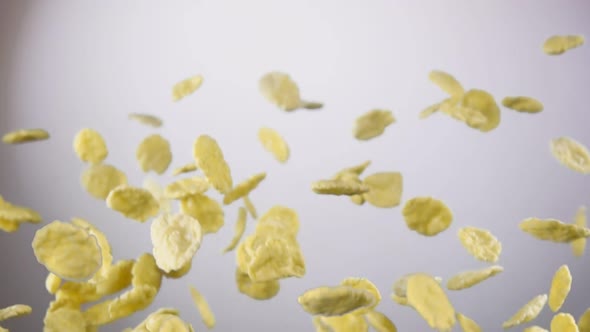 Cereal Corn Flakes are Bouncing Up and Rotating on the White Background