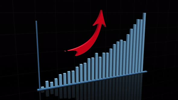 ascending blue volume histogram with red arrow