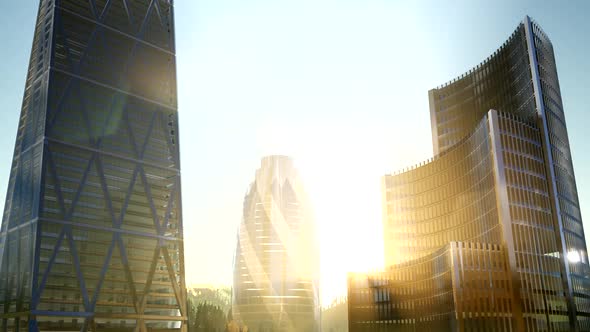 City Skyscrapes with Lense Flairs at Sunset