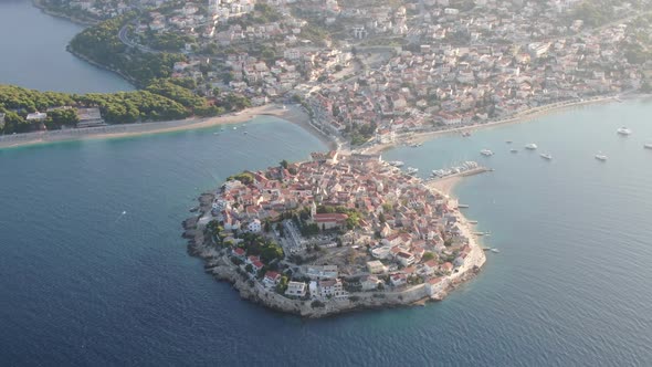 Aerial view of Primosten medieval old town by the Adriatic sea in Croatia