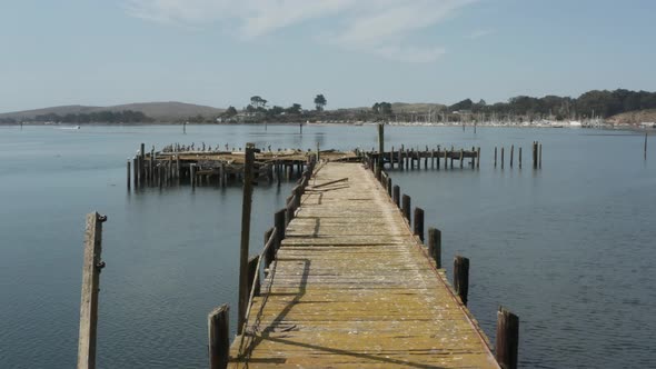 Aerial video of Old Abandoned dock with birds flying past in Northern California Bodega Bay
