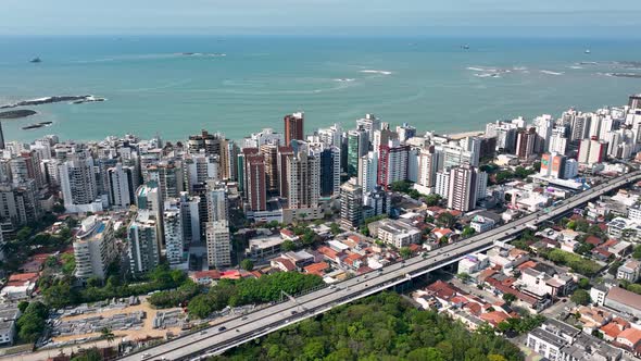 Aerial cityscape of downtown Vitoria Espirito Santo Brazil.