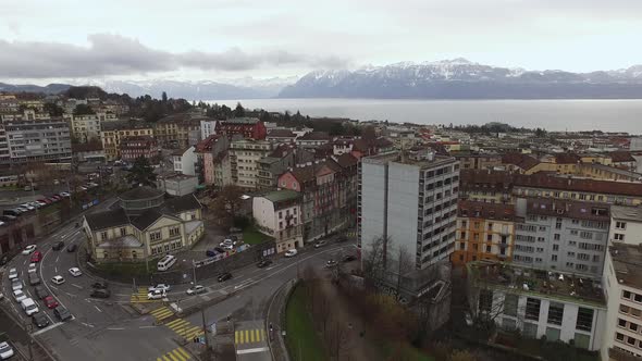 Aerial of Lausanne near Geneva Lake