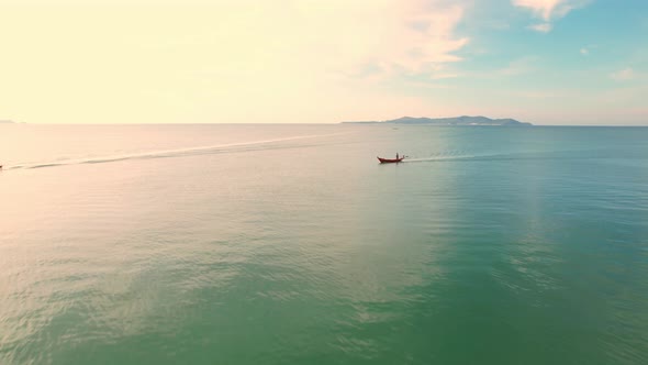 4K aerial view of a drone. Fishermen are sailing in the sea