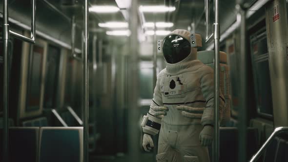 Astronaut Inside of the Old Non-modernized Subway Car in USA