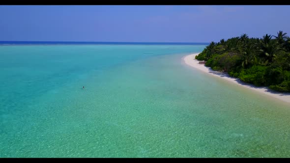Aerial drone sky of tranquil coastline beach lifestyle by blue ocean with white sand background of a