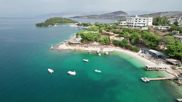 Aerial View Exotic Beach with Turquoise Water in Albania Ksamil Islands