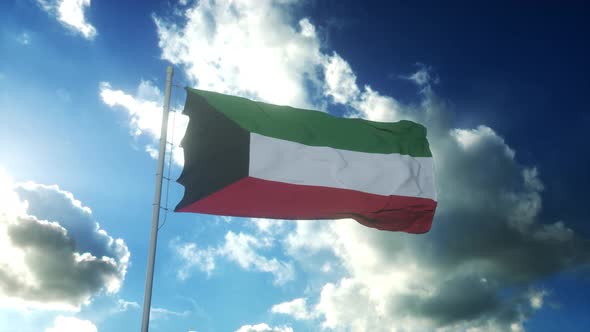 Flag of Kuwait Waving at Wind Against Beautiful Blue Sky