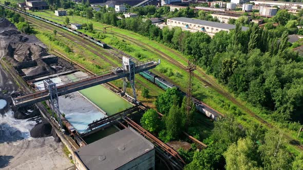 Aerial View Container Freight Train. Freight train passing to distance at line railway