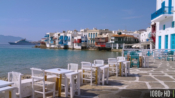 Tables for Traditional Greek Restaurant in Little Venice, Mykonos, Greece