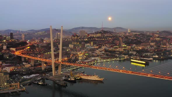 A Wonderful View From a Drone of the Golden Bridge and the City at Night