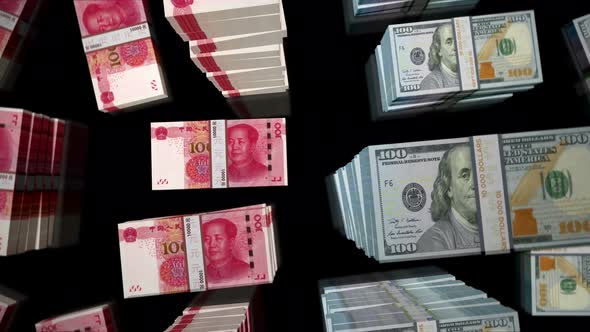 Flight over Dollar and Chines Yuan money banknote packs loop animation