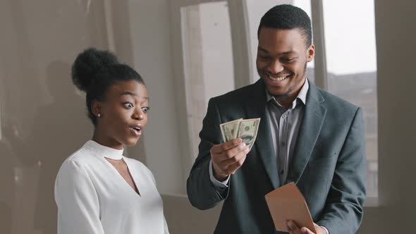 Excited Ethnic African American Man Made Good Deal Woman Got Big Fat Payoff Contract