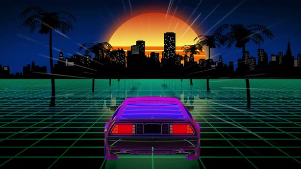 Retro Futuristic Background with Car alt