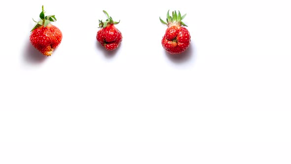 Trendy ugly food fresh red strawberry stop motion animation at the top on white isolated background alt
