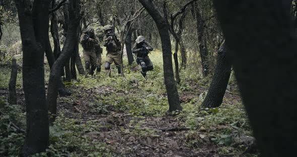 Squad of fully armed commando soldiers during combat in a forest scenery alt