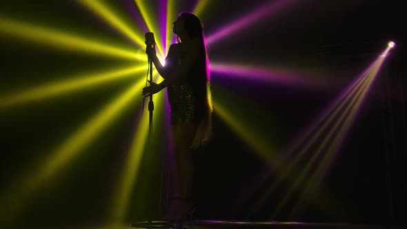 Bottom and Side View of Silhouette Gorgeous Woman with Long Hair Singing on Stage in the Dark Under