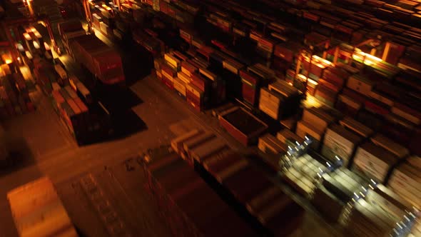 Aerial footage of Yantian container terminal at night in Shenzhen city, China, Hyperlapse