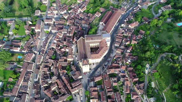 Village of Saint-Cyprien in Perigord in France seen from the sky