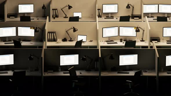 Modern office cubicles. Red error screen showing in the computer screens.