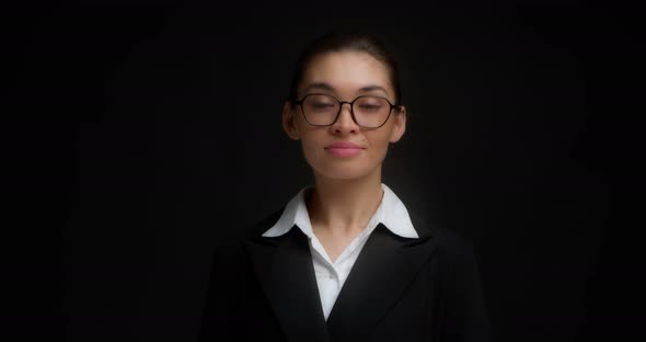 Pleasant Business Woman Waves Her Hand