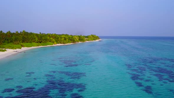 Aerial travel of bay beach by ocean and sand background