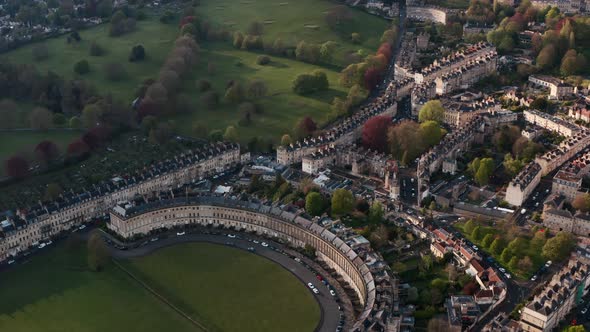 Drone shot over the royal crescent Bath UK