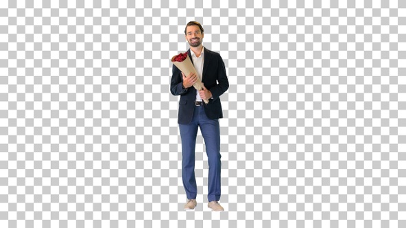 Smiling handsome businessman holding roses, Alpha Channel